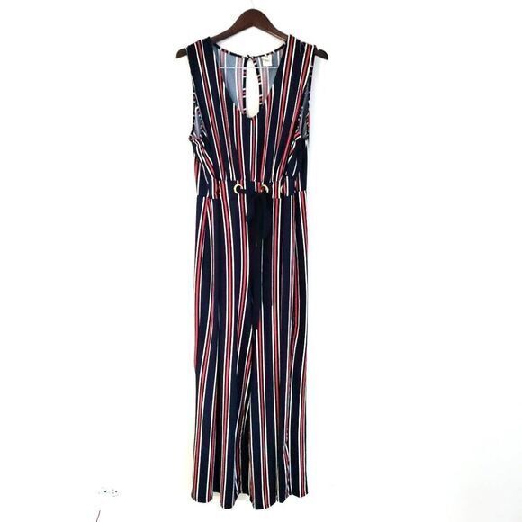 Women 2X Sleeveless Flare Leg-V Neck Loose Striped Jumpsuit Gold Loophole Belt - Picture 3 of 4